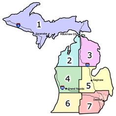 a map of the state of michigan with all its towns and roads highlighted in blue