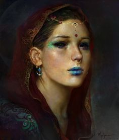 a painting of a woman with blue eyes and red headdress, wearing jewelry