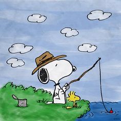 a cartoon character fishing on the water with a caption that reads, when all else falls, go fishing snoopy and the peanuts gang