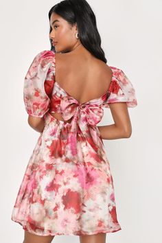 Pink Multi Floral Dress - Organza Babydoll Dress - Mini Dress - Lulus Floral Puffy Dress, Pink Puff Sleeve Dress With Tie Back, Pink Short Sleeve Dress With Tie Back, Short Sleeve Pink Dress With Tie Back, Cute Pink Mini Dress With Tie Back, Pink Mini Dress For Holiday, Modest Hoco Dresses, Floral Dresses For Women, Aura Pink