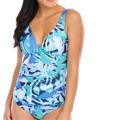 Adjustable Straps, Padded Bust Blue Lined Tankini For Poolside, Poolside Blue Lined Tankini, Blue V-neck Tankini For Vacation, Blue V-neck Summer Tankini, Blue Sleeveless Lined Tankini, Blue Fern, Orange Swimsuit, Kathy Ireland, Floral One Piece Swimsuit