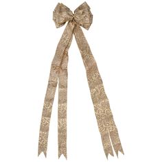 a gold bow with an intricate design on the front and back ends, tied in a satin ribbon