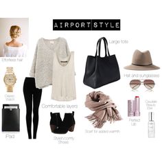 the contents of an airport style outfit including shoes, purses and handbags are shown