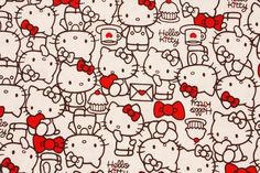 a bunch of hello kitty wallpaper with red bows and hearts on white fabric,