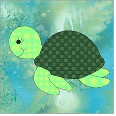 a painting of a green turtle floating in the water with blue sky and clouds behind it