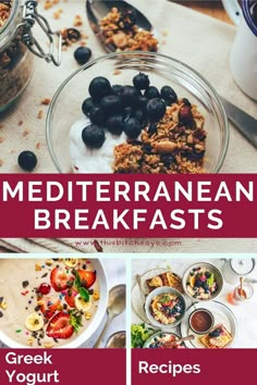 a collage of mediterranean breakfasts with greek yogurt and granola