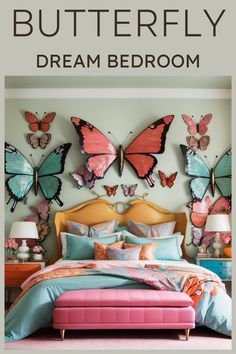 Butterfly wall art brings a lively burst of color and whimsy to this charming bedroom. The metal butterfly wall art collection features an array of butterflies, each with its own unique pattern and vibrant colors. The stunning assortment seems to flutter across the wall, creating a dynamic and cheerful atmosphere. The lively hues of the butterflies complement the bright bedding and colorful furniture, making this space perfect for those who love playful, nature-inspired home decor. Charming Bedroom, Bright Bedding, Metal Butterfly Wall Art, Flamingo Craft, Pastel Butterfly, Spring Wall Decor, Pastel Butterflies, Butterfly Decor, Metal Butterfly