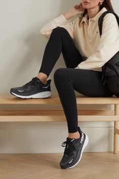 HOKA ONE ONE Clifton 9 mesh sneakers | NET-A-PORTER Running Shoe Outfits Women, Black Hokas Outfit, Black Tennis Shoes Outfit Summer, Platform Running Shoes, Black Hoka Shoes Outfit, Hoka Transport Outfit, Black Shoes Outfit Sneakers, Hoka Clifton 9 Outfit, Running Shoe Outfit