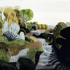 an abstract painting of trees, water and rocks in the foreground with a river running through it