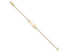 14k yellow gold children's polished flower ID bracelet. Measures approximately 1/16 of an inch in width and has a lobster claw clasp. Id Bracelets, Lobster Claw, Yellow Gold, Bracelet, Yellow, Flowers, Gold