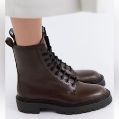 Zara Lace-Up Flat Leather Ankle Boots. Color Chocolate Brown Size 37 Flat Ankle Boots In Leather. Lug Soles. Back Pull Tab. Lace-Up Closure. Sole Height: 1.6 Inches (4 Cm) Chocolate Brown Upper 100% Cow Leather Lining 84% Polyester 16% Polyurethane Sole 100% Rubber Insole 100% Goat Leather Tongue 100% Polyurethane Fall Boots Brown Boots Winter Boots Combat Boots Brown Boots Lace Up Boots Zara Boots Fashion Boots Brown Lace Boots, Flat Leather Ankle Boots, Combat Boots Brown, Gold Ankle Boots, Zara Ankle Boots, Mid Heel Ankle Boots, Flat Ankle Boots, Leather High Heel Boots, Boots Combat