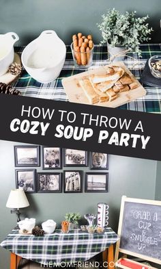 Easy soup party ideas and tips. Soup Potluck, Soup Party Ideas, Soup Swap, Soup Party, Holiday Soups, Soup Bar, Christmas Soup, Winter Entertaining, Cozy Soup