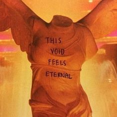 an angel statue with words written on its chest and wings in the air above it that says, this void feels external