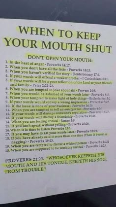 a sign posted on the side of a car that says, when to keep your mouth shut don't open your mouth