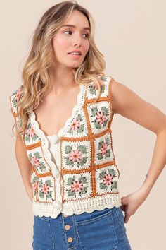 Elevate your style with our Flores Crochet Vest. Intricately crocheted, this vest exudes a boho vintage look in a beautiful multicolor design. Perfect for fall and winter, pair it with a basic top to stay cozy while making a statement. Crochet Square Vest, Crochet Vest Outfit, Sweater Vest Cardigan, Granny Square Sweater, Vest Cardigan, Crochet Buttons, Crochet Square Patterns, Crochet Vest, Cozy Knit