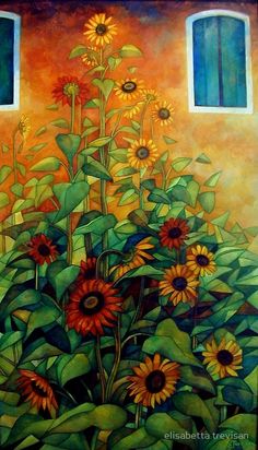 a painting of sunflowers in front of a window