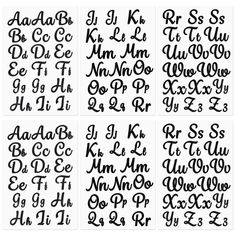 four different types of cursive alphabets in black and white, each with the letter