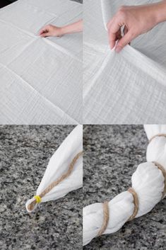 three pictures showing how to make an umbrella out of paper towels and twine rope