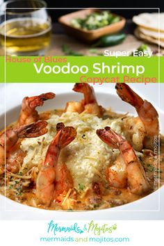 shrimp and cheese dish in a white bowl with the title super easy voodoo shrimp recipe