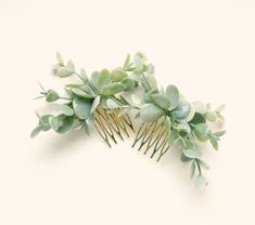 These simple artificial eucalyptus hair combs are great for plunking into a messy updo for instant boho bridal perfection! The leaves are a light sage green and are wired to the metal comb bases (may be gold or silver depending on what I have available.) SET of 2 combs or one larger comb.  -- WG Sage Green Hair, Light Sage Green, Artificial Eucalyptus, Messy Updo, Metal Comb, Artificial Leaf, Eucalyptus Wedding