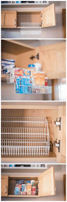 the shelves in this kitchen are organized with baskets and containers for food, including cereals