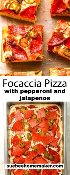 pizza with pepperoni and jalapenos is shown in this collage for the recipe