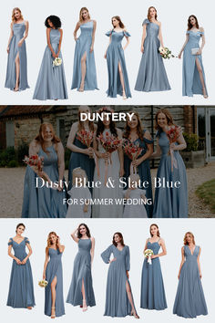 the bridesmaids in dusty blue and slate blue dresses for summer wedding