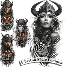 some tattoos that are on the side of a woman's face and two women with horns