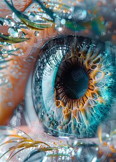 an eye with blue and yellow irises on it's iris, surrounded by water droplets