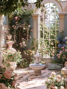 a room filled with lots of pink flowers and greenery next to an arched window