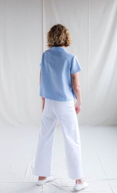 Linen button up shirt in sky blue / OFFON CLOTHING Minimal Pants, Blue Linen Shirt, Blue Shirts, Linen Tops, Clothing Aesthetic, Sky Blue Color, Womens Blouses, Aesthetic Ideas, Mandolin