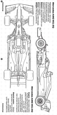 the front and side view of a race car, with its engine diagram below it