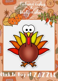 a turkey is shown with the words autumn harvest and tasty dinner on it's side