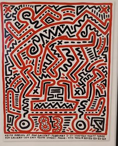 an abstract painting with red and black lines