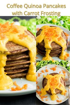 coffee quinoa pancakes with carrot frosting and orange sauce on top are shown