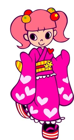 a cartoon girl with pink hair and hearts on her clothes