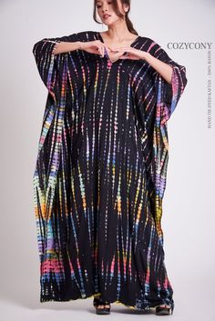 Colorful Black Tie Dye Kaftan CKF35 Beach Kaftan Holiday | Etsy Egypt Multicolor Floor-length Maxi Dress For Festival, Multicolor Flowy Maxi Dress For Festival, Summer Maxi Length Abaya, Oversized Long Dress For Festival, Oversized Maxi Festival Dresses, Oversized Long Festival Dress, Long Oversized Dresses For Festivals, Long Oversized Festival Dress, Multicolor Free Size Kaftan For Party