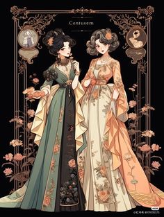 two women in long dresses standing next to each other on a black background with an ornate frame