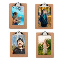 four photos are hanging on a clipboard