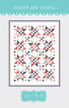 the scrap jar stars quilt pattern is shown in red, white and blue with an aqua border