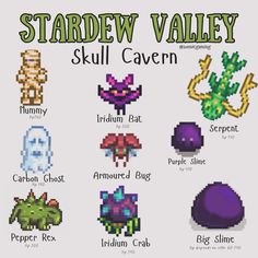 the stardew valley skull caven is shown in pixel art and has many different types