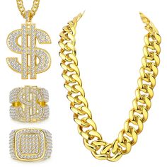 PRICES MAY VARY. Hip Hop Jewelry Set: This fashion hip hop costume kit includes 1pcs big gold chain, 1pcs dollar sign necklace,1pcs dollar sign ring and 1pcs iced out ring, nice set for 80's, 90's dress up, funny party accessory and rapper costume jewelry, you'll be eye-catching one in 80's/90's theme parties Quality Material: The fake gold money chain and gold rings are made of environmentally alloy plated in gold color and shiny artificial diamonds, brilliant and durable for long-time use, gre 90s Hip Hop Costume, 90s Dress Up, Rapper Costume, Big Gold Chains, 90s Accessories, Hip Hop Accessories, Hip Hop Costumes, Outfit For Men, Gold Money