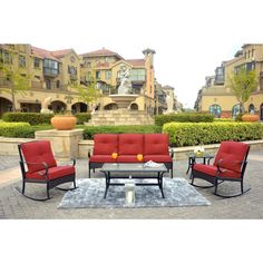 the patio furniture is red and black in color