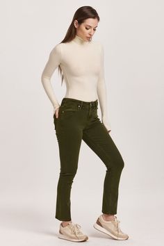 image of a female model wearing a BLAIRE MID RISE SLIM STRAIGHT JEANS PINE DEAR JOHN DENIM Khaki High Waist Stretch Jeans, Straight Leg Khaki Spring Jeans, Mid-rise Khaki Jeans For Fall, Chic Olive Straight Leg Bottoms, Fitted Green Pants With Five Pockets, Chic Straight Leg Khaki Jeans, Fitted Khaki Straight Leg Bottoms, Fitted Khaki Jeans, Fitted Straight Leg Olive Bottoms