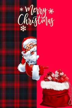 a christmas card with santa clause and presents in a bag on the side, next to a red plaid background