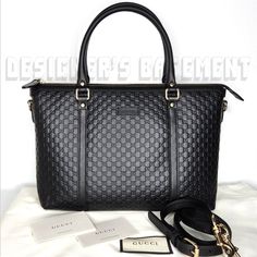 Brand New Authentic Gucci Black Micro Guccissima Embossed Leather Zip Top Small Tote Shoulder Satchel Bag With Removable Cross-Body Strap Rp: $2,390.00 Style 449656 Made In Italy Length: 11.5 In Height: 9 In Depth: 4 In 2 Rolled Leather 5"-Drop Top Handles Adjustable And Removable Shoulder Strap Drops 21in Zipper Closure Beige Fabric Interior Leather Tab W/Serial Number 1 Large Compartment 1 Zip Compartment With Gucci Embossed Tab 2 Slit Accessory Pockets Gold-Tone Hardware Comes With Authentici Gucci Shopping Bag, Uni Bag, Gucci Tote Bag, Monogram Tote Bags, Gucci Tote, Monogram Tote, Drop Top, Beige Fabric, Black Shoulder Bag