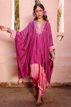 Shop for House of Dasmaya Purple Shantoon Silk Kaftan With Dhoti Pant Set for Women Online at Aza Fashions Purple Kaftan, Kaftan Set, Kaftan Design, Embroidered Kaftan, Resham Embroidery, Kurti Patterns, Dhoti Pants, Silk Kaftan, New Address