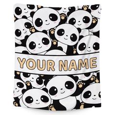 a black and white blanket with panda bears on it that says,'your name '