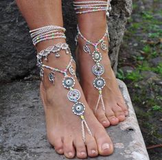 This listing is for one anklet. Beautiful macrame anklet. You can wear it alone or in combination with the barefoot sandals available in my shop (picture 2, 3 and 7) https://www.etsy.com/listing/509547430/silver-fairy-mandala-barefoot-sandals?ga_search_query=silver+fairy&ref=shop_items_search_2 This anklet is made with waxed polyester cord, tibetan silver beads and charms and czech seed beads. They close with a lobster claw and on the other side a small chain allows to adjust the length of t Bohemian Silver Beaded Anklets, Handmade White Bohemian Barefoot Sandals, White Handmade Bohemian Barefoot Sandals, White Bohemian Handmade Barefoot Sandals, Adjustable Bracelets For Summer Weddings, Bohemian White Anklet For Festivals, White Bohemian Anklets For Festival, White Bohemian Wedding Anklets, Bohemian White Wedding Anklets