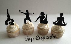 the cupcakes are decorated with silhouettes of people